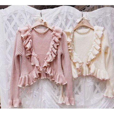 Mademoiselle Pearl Rose Garden Frilled Ribbon Trim Cardigan(Reservation/Full Payment Without Shipping)
